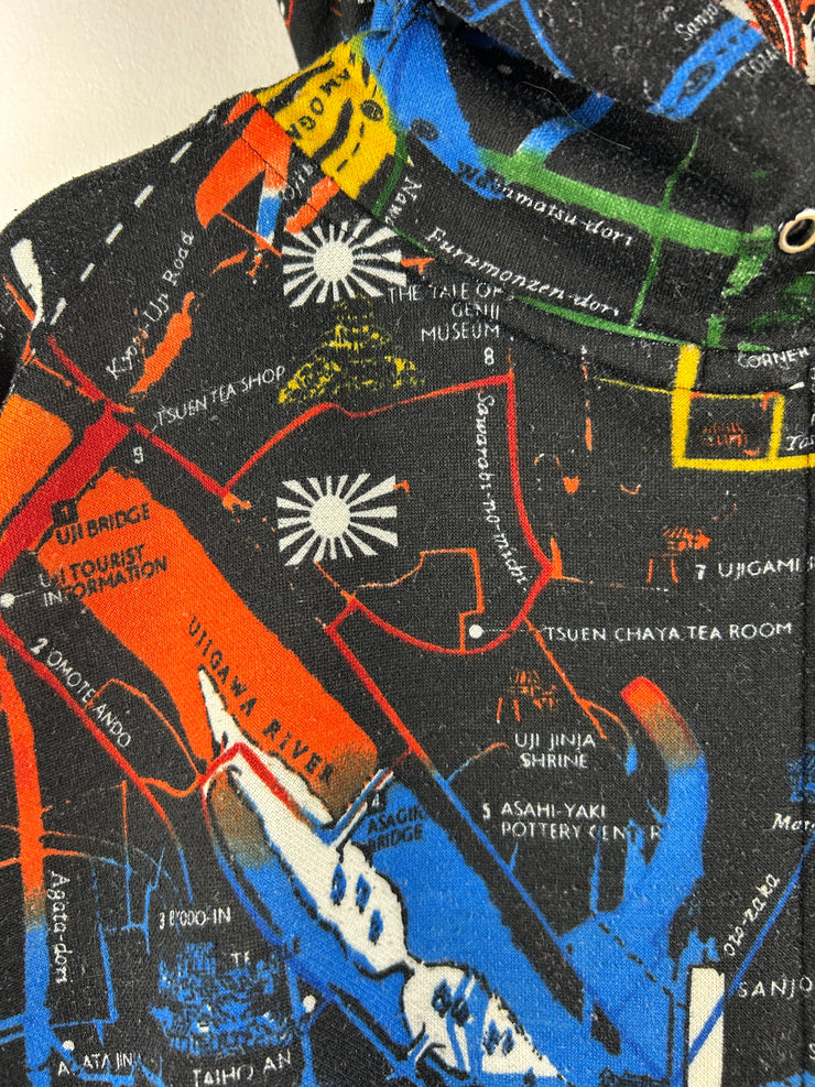 Vintage Y2K Kanji Japanese Map Black Full Zip Hoodie