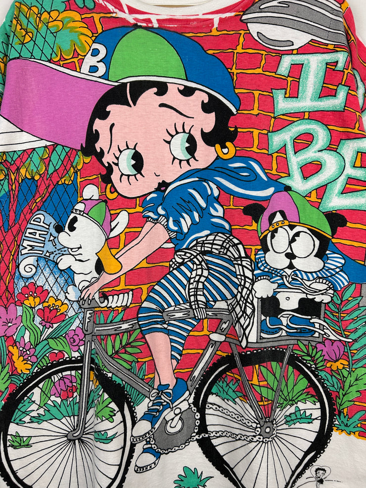 Vintage 90s Betty Boop Biking With Betty All Over Print White Tee