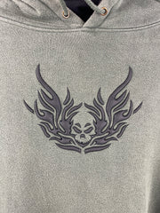 Vintage Y2K Top Heavy Flaming Skull Embroidered Olive Hoodie