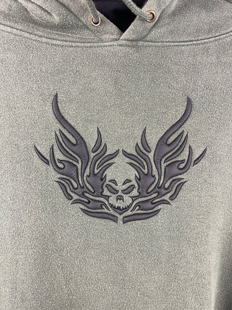 Vintage Y2K Top Heavy Flaming Skull Embroidered Olive Hoodie
