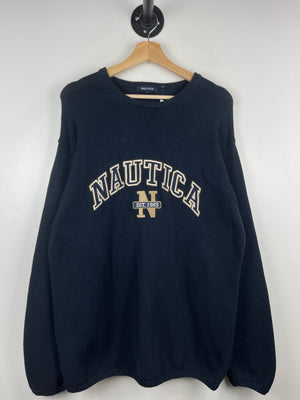 Vintage 90s Nautica Spellout Embroidered Navy Knit Sweater