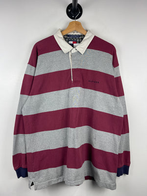 Vintage 90s Tommy Hilfiger Striped Grey & Burgundy Polo Rugby Long Sleeve