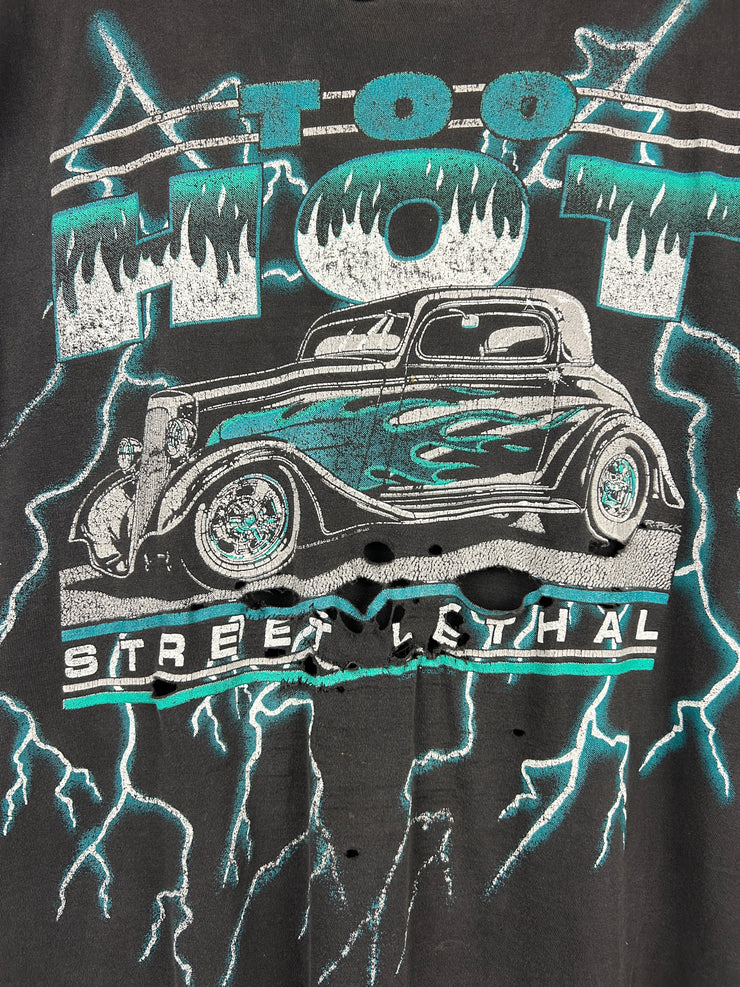 Vintage 90s American Thunder Hot Rod Street Lethal Thrashed Black Cut Off Tank Top
