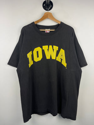 Vintage 90s Iowa University Hawkeyes Spellout Faded Black Tee