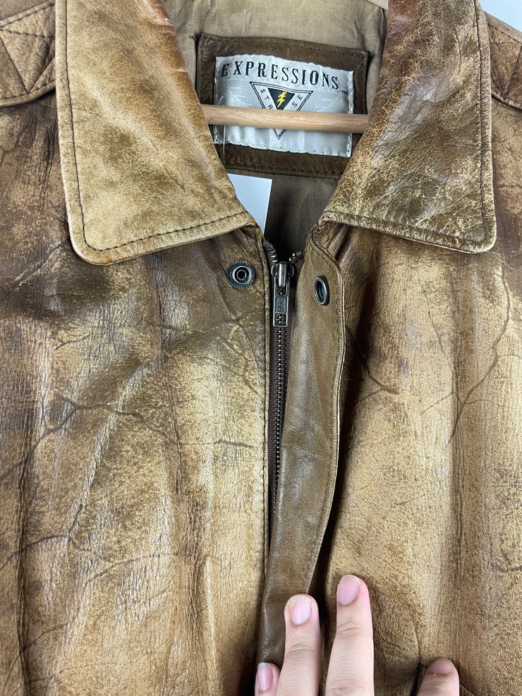 Vintage 90s Expressions Faded Brown Leather Bomber Jacket
