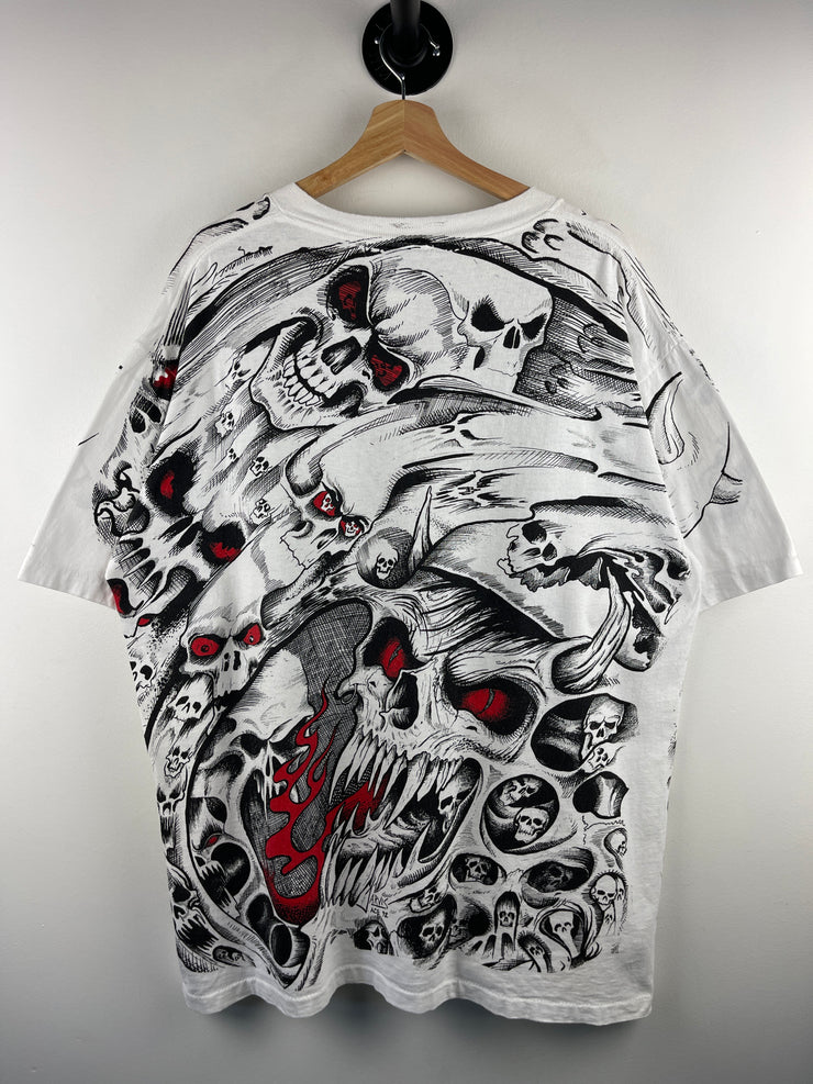 Vintage 90s Jarvis Ace Skull All Over Print White Tee