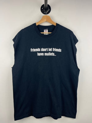 Vintage Friends Don’t Let Friends Have Mullets Comedy Black Cut Off Tank Top