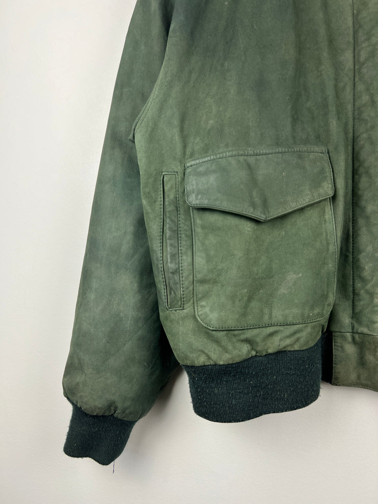 Vintage 90s American Weekend Green Leather Bomber Jacket