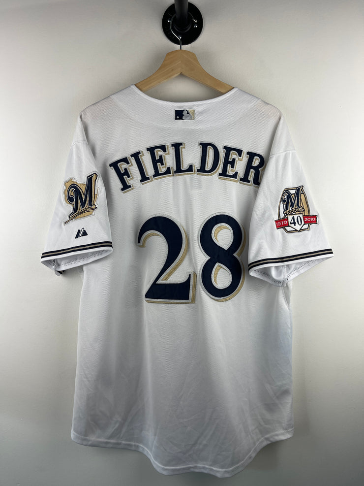 Vintage 2010 MLB Majestic Milwaukee Brewers Fielder 40th Anniversary White Baseball Jersey
