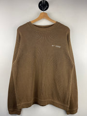 Vintage Nike Spellout Swoosh Embroidered Ribbed Brown Crewneck