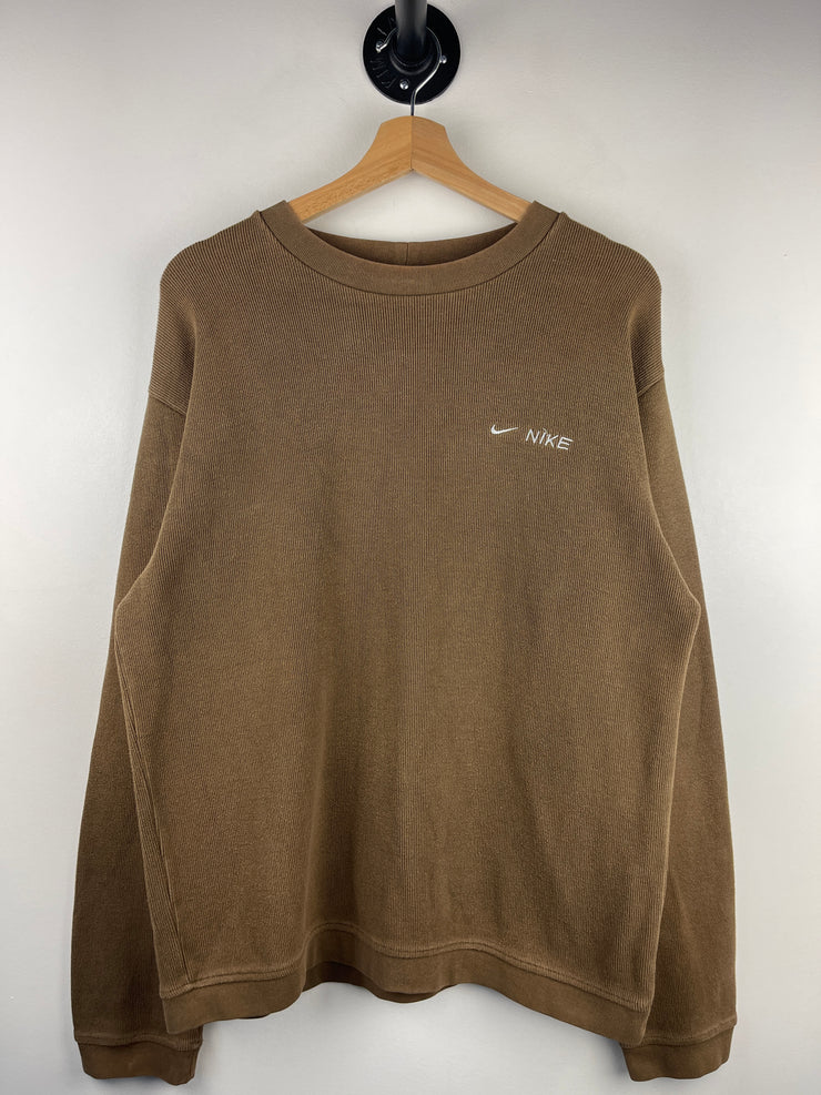 Vintage Nike Spellout Swoosh Embroidered Ribbed Brown Crewneck