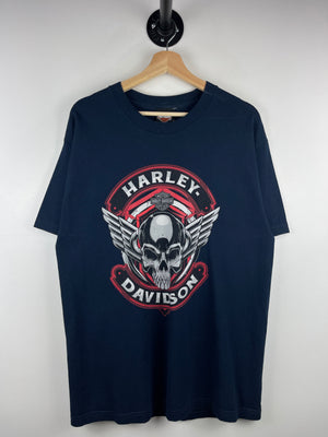 Vintage Harley Davidson Skull Military Overseas Tour Navy Tee