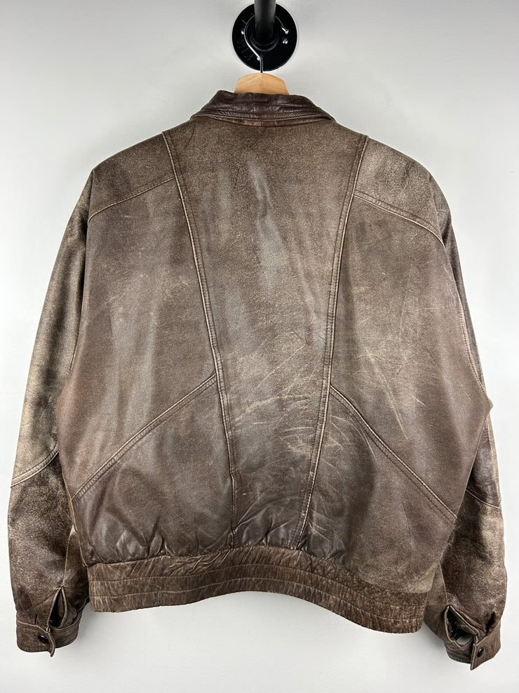 Vintage 90s Impressions Faded Brown Leather Bomber Jacket