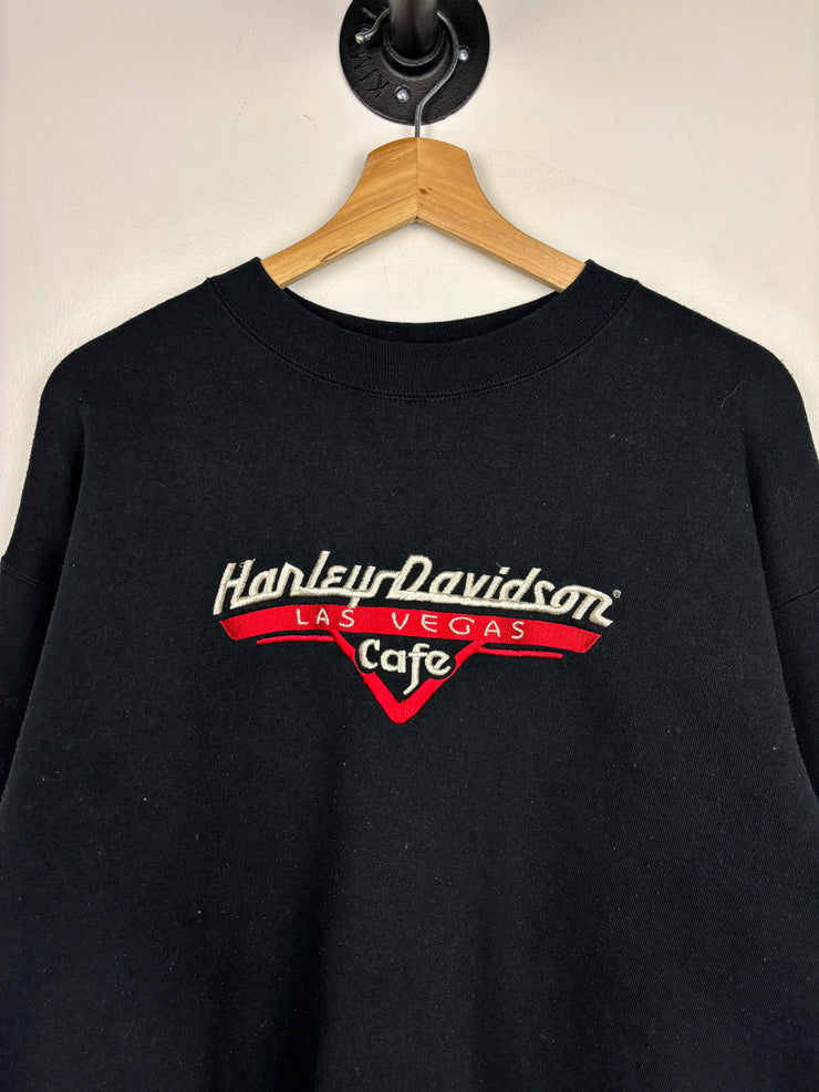 Vintage 90s Harley Davidson Cafe Las Vegas Embroidered Black Crewneck