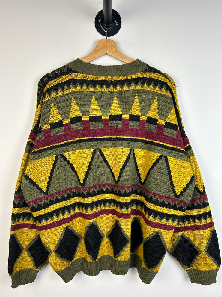 Vintage 90s Diamond Olive & Yellow Knit Sweater