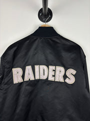 Vintage 80s NFL Starter Los Angeles Raiders Spellout Black Satin Bomber Jacket