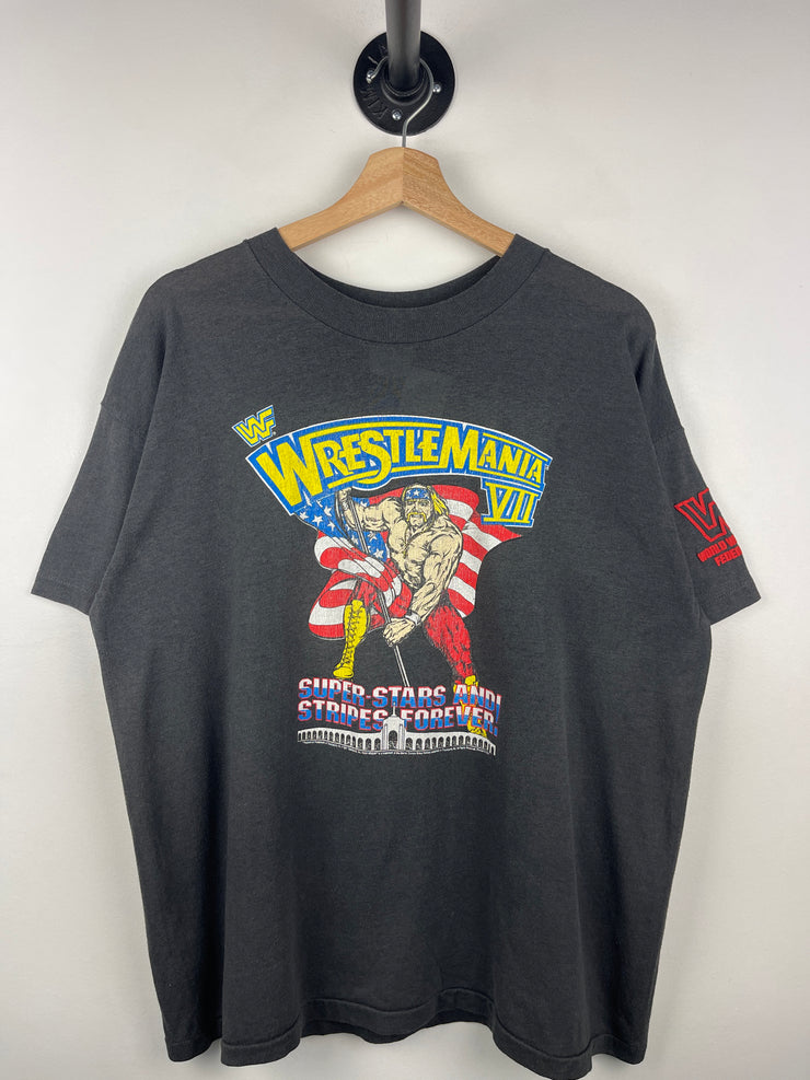 Vintage 90s WWF Hulk Hogan Wrestle Mania VII 7 Superstars And Stripes Black Tee