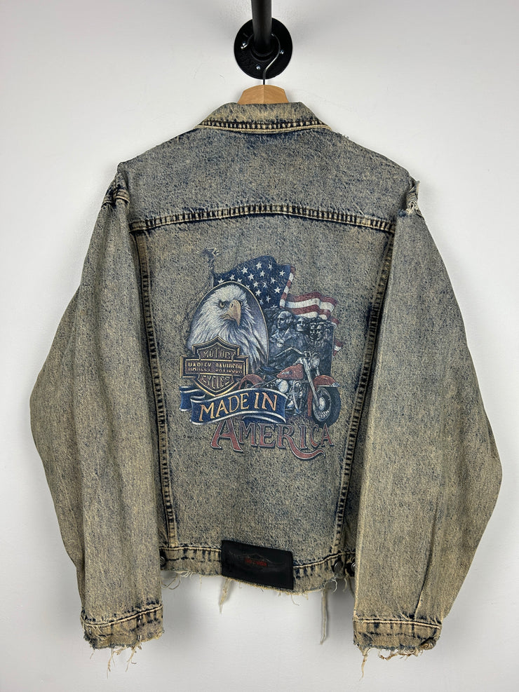 Vintage 90s Harley Davidson Made In America Distressed Blue Denim Jacket