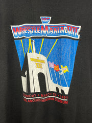 Vintage 90s WWF Hulk Hogan Wrestle Mania VII 7 Superstars And Stripes Black Tee