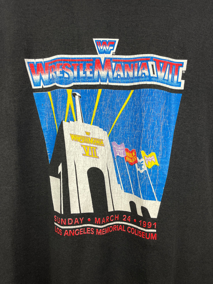 Vintage 90s WWF Hulk Hogan Wrestle Mania VII 7 Superstars And Stripes Black Tee