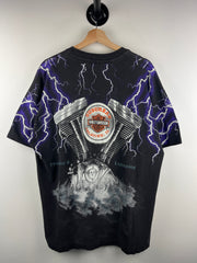 Vintage 90s Harley Davidson Illinois Thunder Lightning All Over Print Black Tee