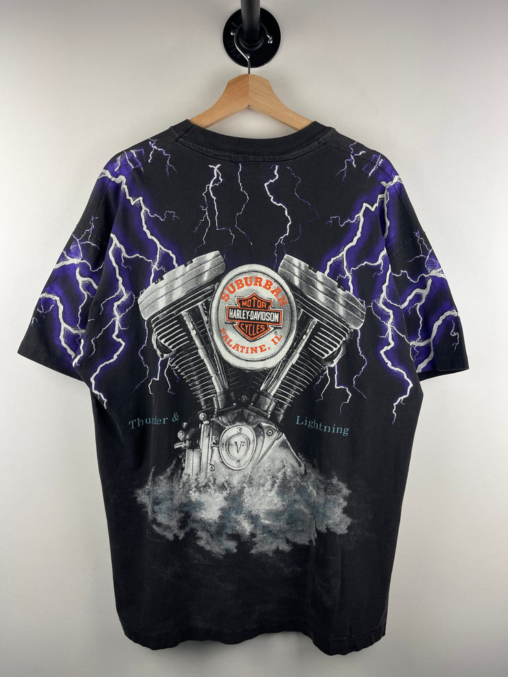 Vintage 90s Harley Davidson Illinois Thunder Lightning All Over Print Black Tee