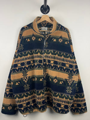 Vintage 90s Black Mountain Aztec Beige & Navy Fleece Zip Up Sweater