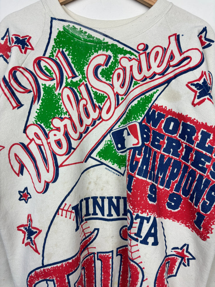 Vintage 90s MLB Minnesota Twins World Series Champions All Over Print White Crewneck