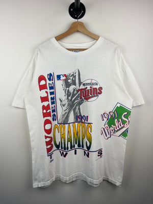 Vintage 90s MLB Salem Minnesota Twins World Series All Over Print White Tee