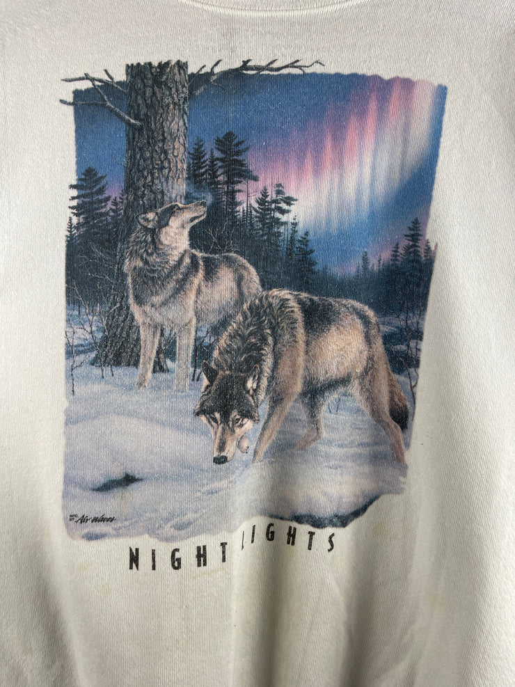 Vintage 90s Night Lights Wolves White Crewneck