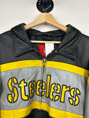 Vintage NFL Pittsburgh Steelers Black Leather Bomber Jacket