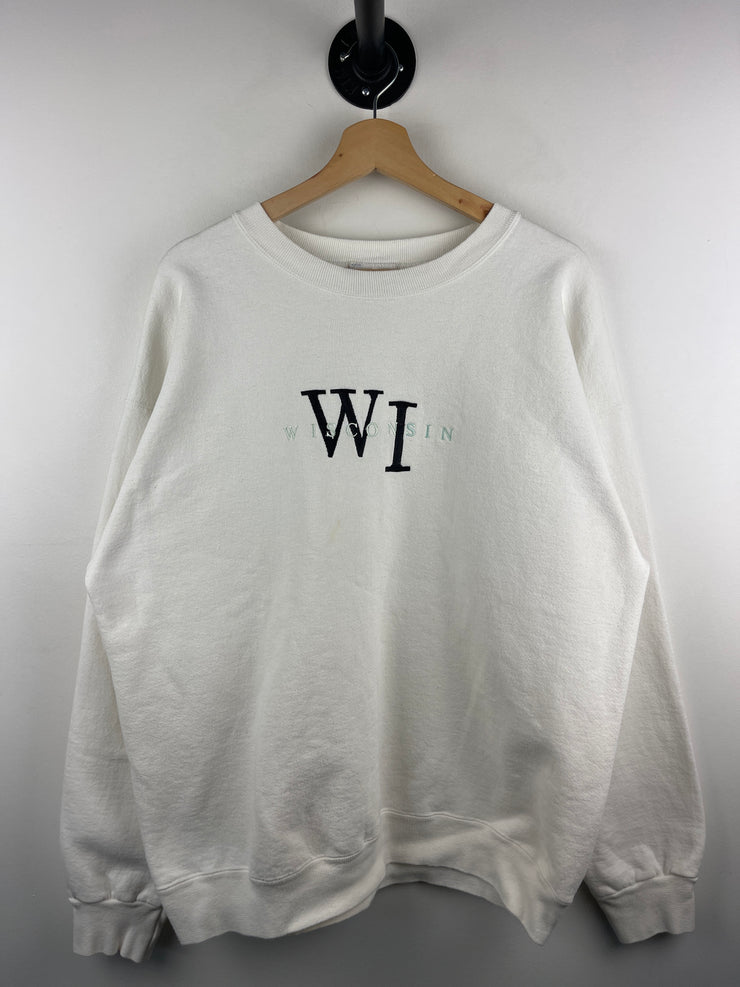 Vintage 90s Wisconsin Embroidered White Crewneck