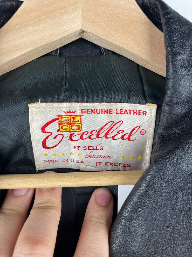 Vintage 90s Excelled Miller Lite Beer Black Leather Bomber Jacket