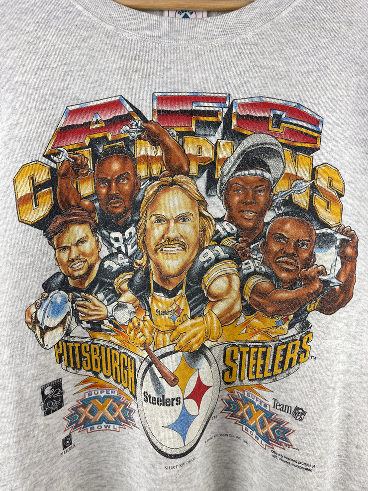 Vintage 90s NFL Pittsburgh Steelers Character Super Bowl Grey Crewneck