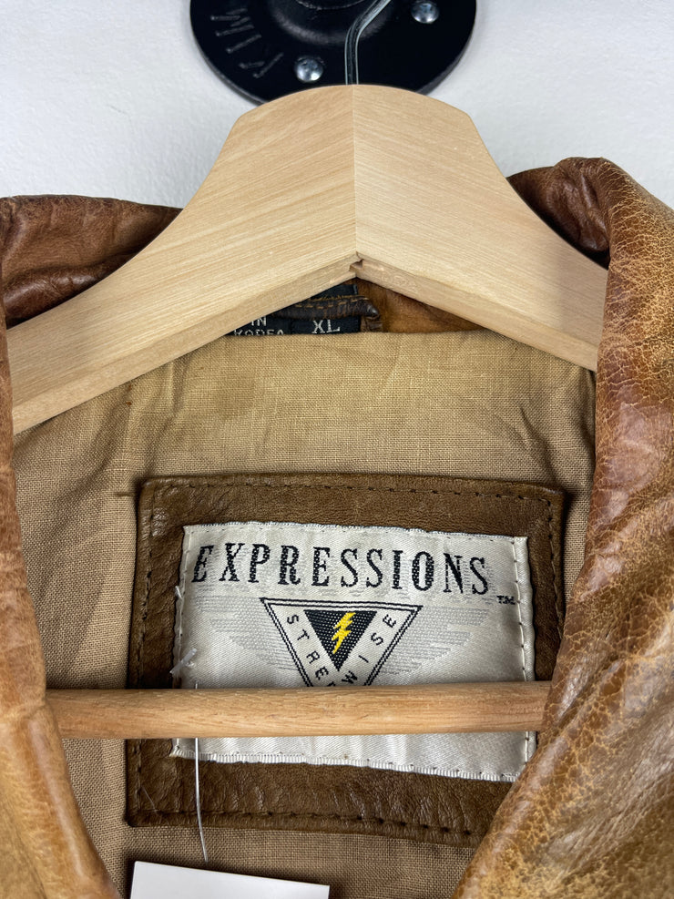 Vintage 90s Expressions Faded Brown Leather Bomber Jacket