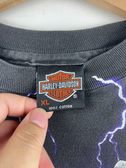 Vintage 90s Harley Davidson Illinois Thunder Lightning All Over Print Black Tee