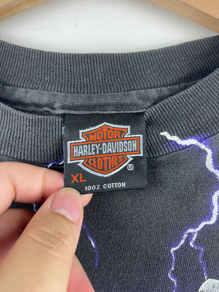 Vintage 90s Harley Davidson Illinois Thunder Lightning All Over Print Black Tee