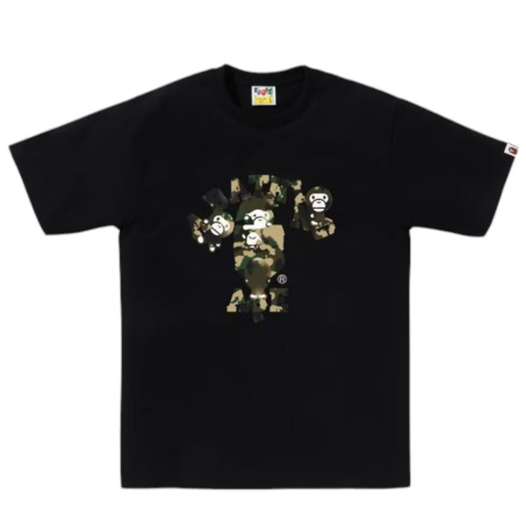 Bape College Logo Map Green Camo Black Tee