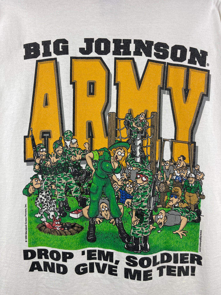 Vintage 90s Big Johnson Army Drop Em Soldier White Tee