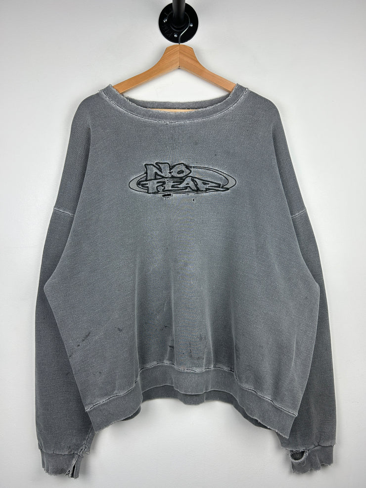 Vintage 90s No Fear Embroidered Thrashed Faded Grey Crewneck