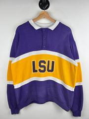 Vintage 80s Nutmeg LSU Purple & Yellow Collared Crewneck