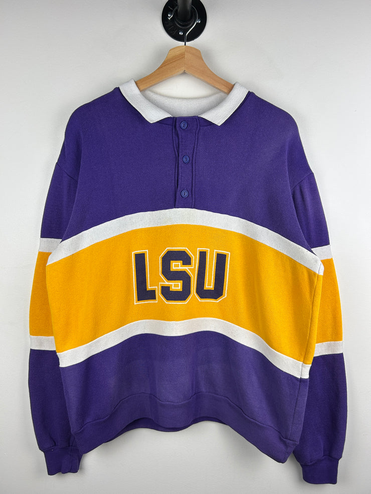 Vintage 80s Nutmeg LSU Purple & Yellow Collared Crewneck