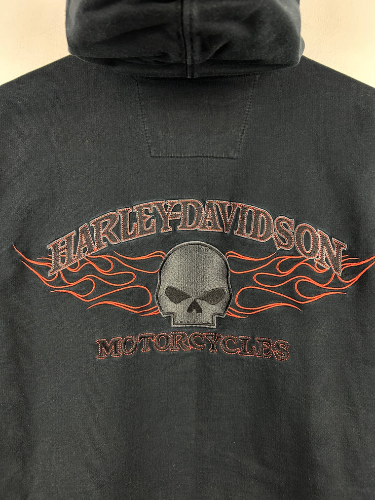 Vintage Harley Davidson Skull Flames Embroidered Black Zip Up Hoodie