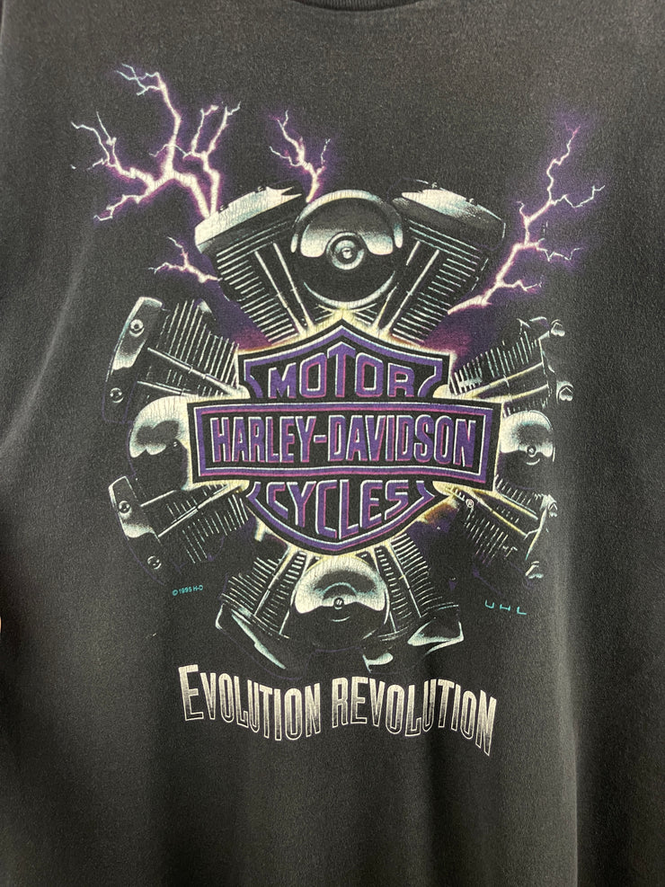 Vintage 90s Harley Davidson Lightning Evolution Revolution New York Black Tee