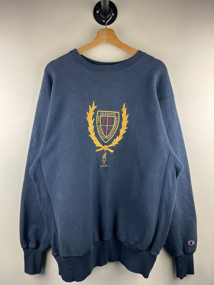 Vintage 90s Champion Reverse Weave Atlanta Olympics Embroidered Navy Crewneck