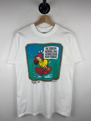 Vintage 90s Mother Goose and Grimm Wear Your Rubbers Cartoon White Tee