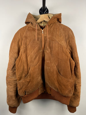 Vintage 90s Benmans Brown Leather Suede Hooded Bomber Jacket