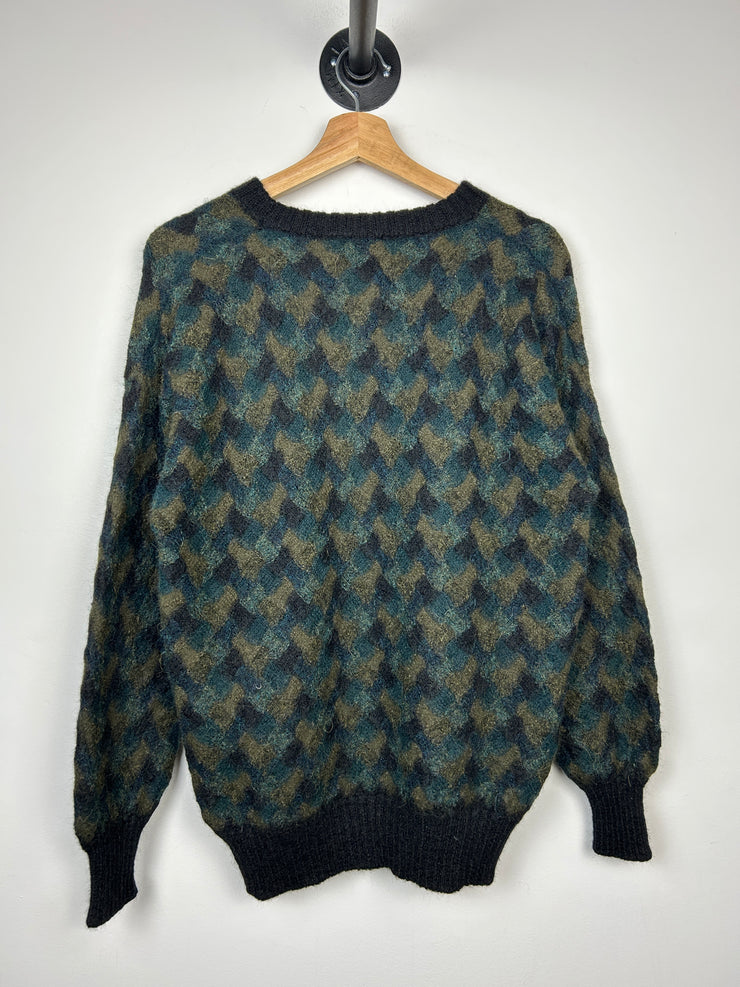 Vintage 90s Hellet Alpaca Wool Green & Black Knit Sweater