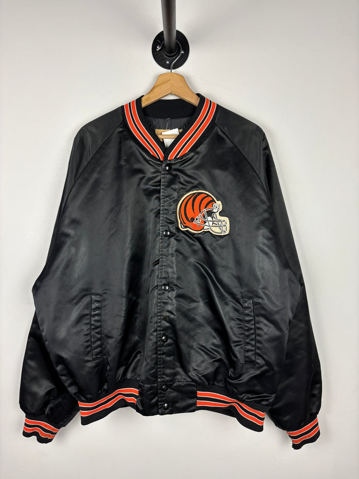 Vintage 80s NFL Chalk Line Cincinnati Bengals Black Satin Bomber Jacket