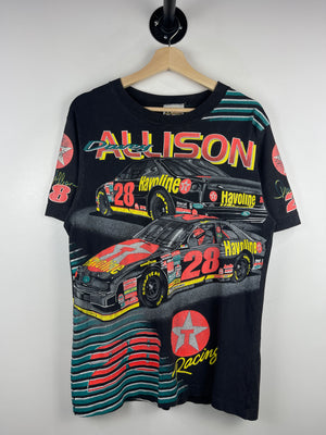 Vintage 90s Nascar Davey Allison Havoline All Over Print Black Tee